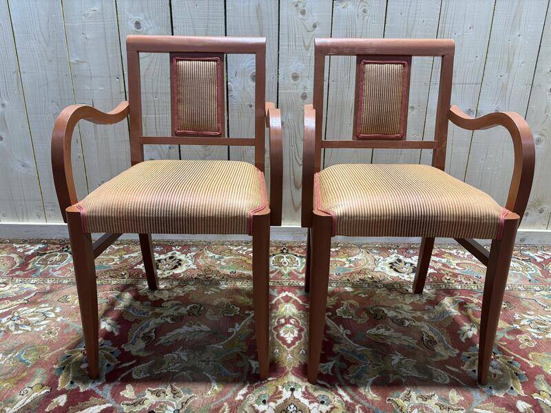 Paire de fauteuils bridge en tissu rayé terracotta