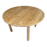 Round table 117cm extendable with a solid pine extension, vintage from the 1970s.
