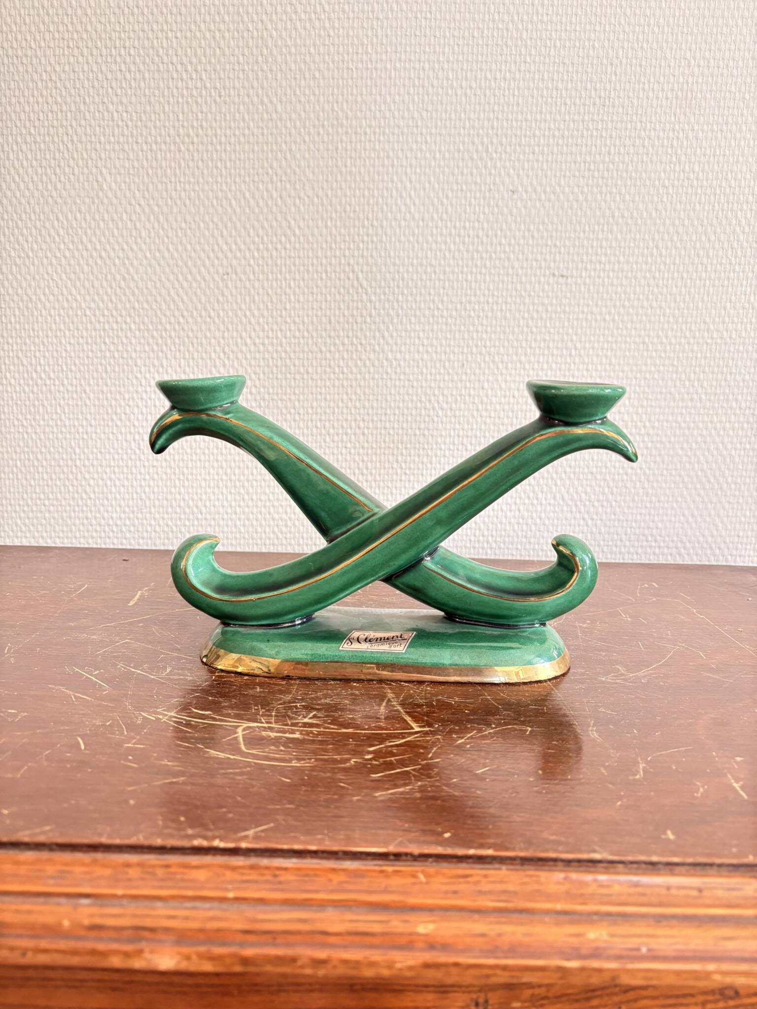 Antique Candle Holder Chandelier 2 Arms Saint Clément Glazed Green Ceramic