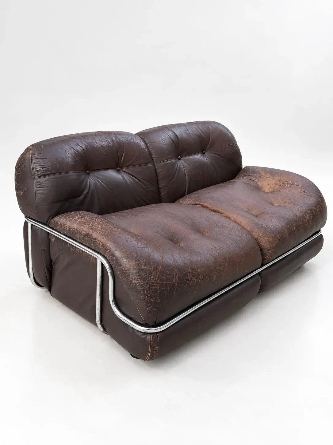 Canapé en cuir marron et chrome, années 1970