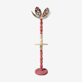 Lampadaire bois tourné et abat-jour fleur