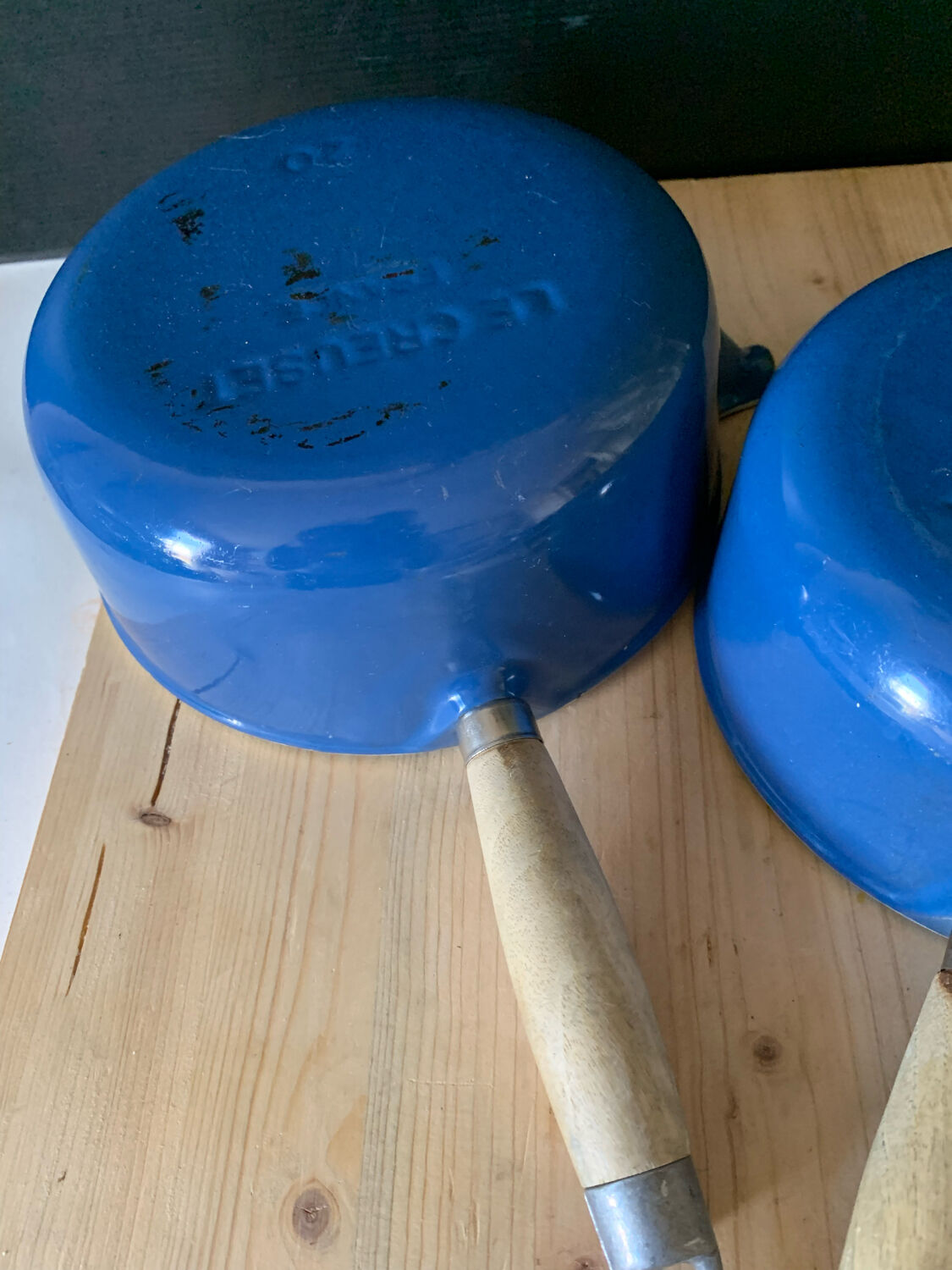 Series of cast iron pans Le Creuset bleues