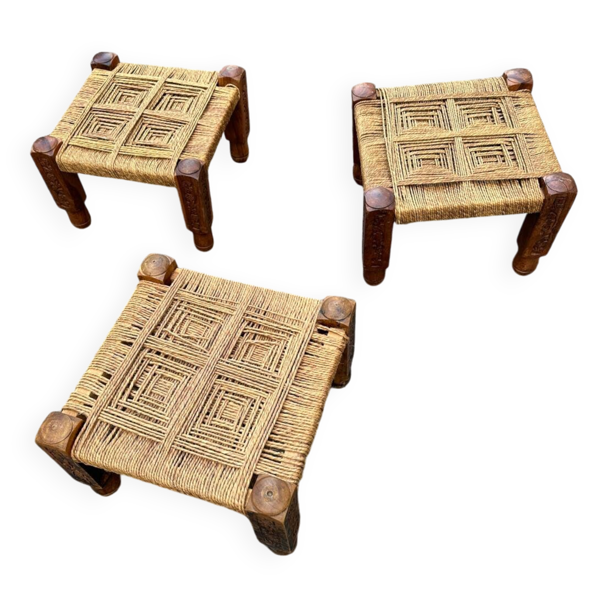 3 Indian wooden and rope stools