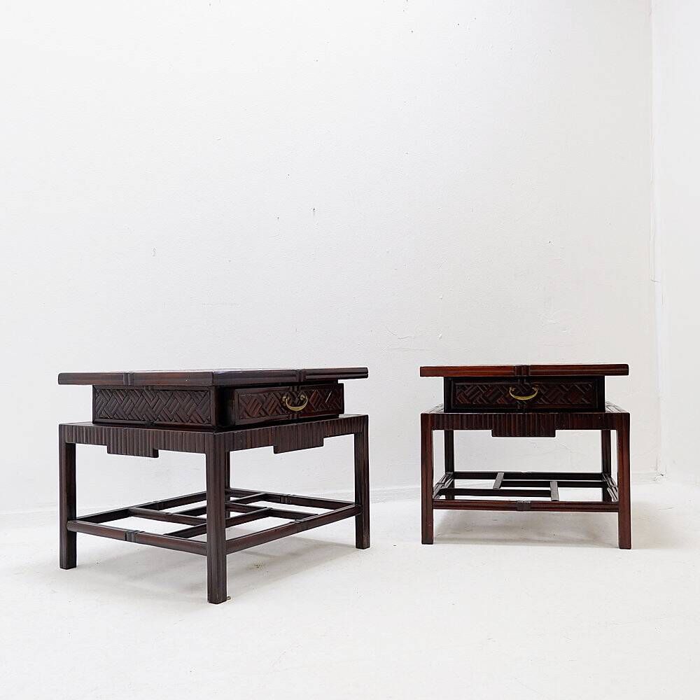 Pair of vintage pagoda tables in faux bamboo with chevron pattern - Maitland & Clasco