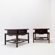 Pair of vintage pagoda tables in faux bamboo with chevron pattern - Maitland & Clasco