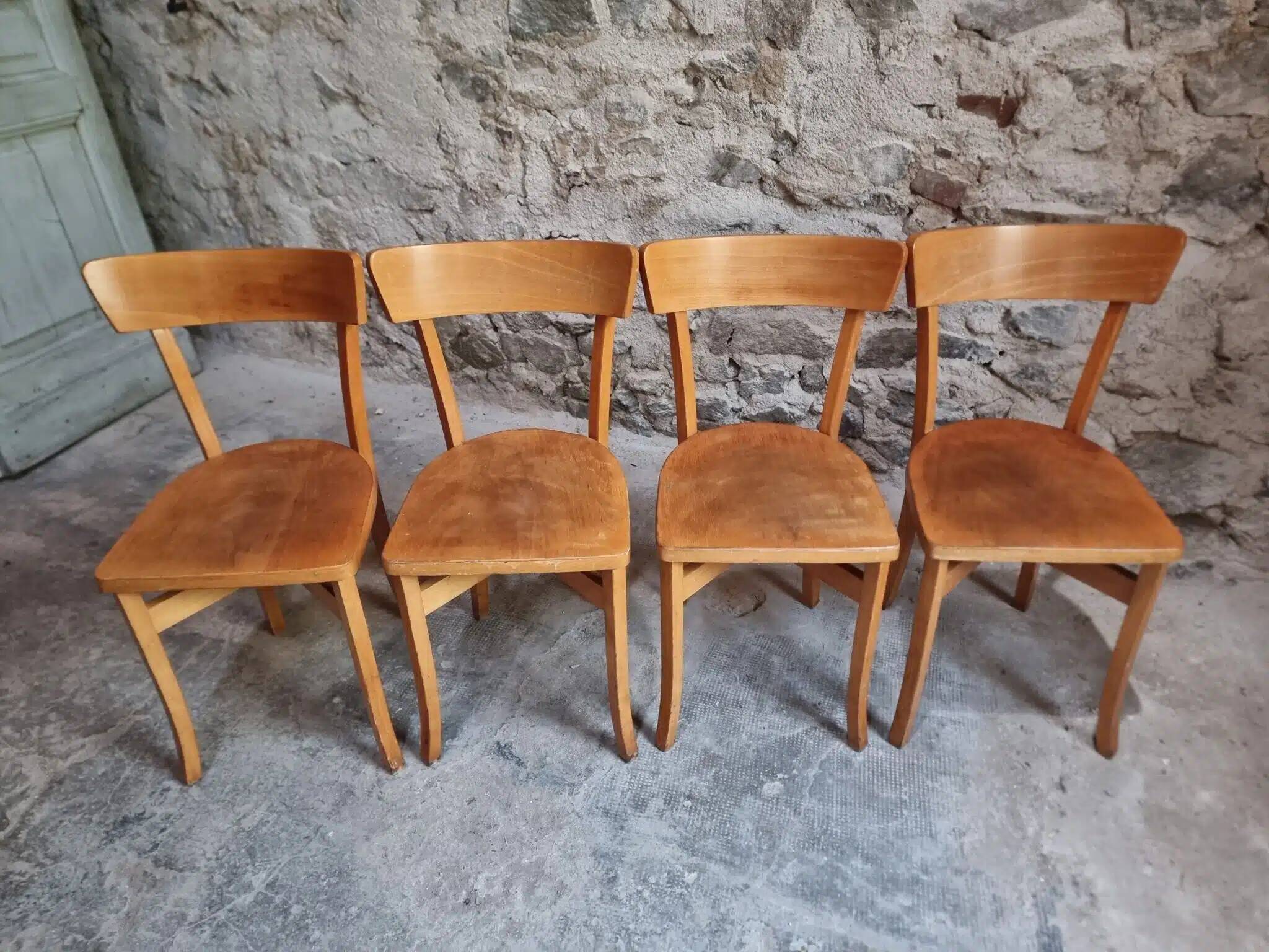 Set of 4 French bistro chairs, beech and plywood, 1960s, mid-century dining chairs.