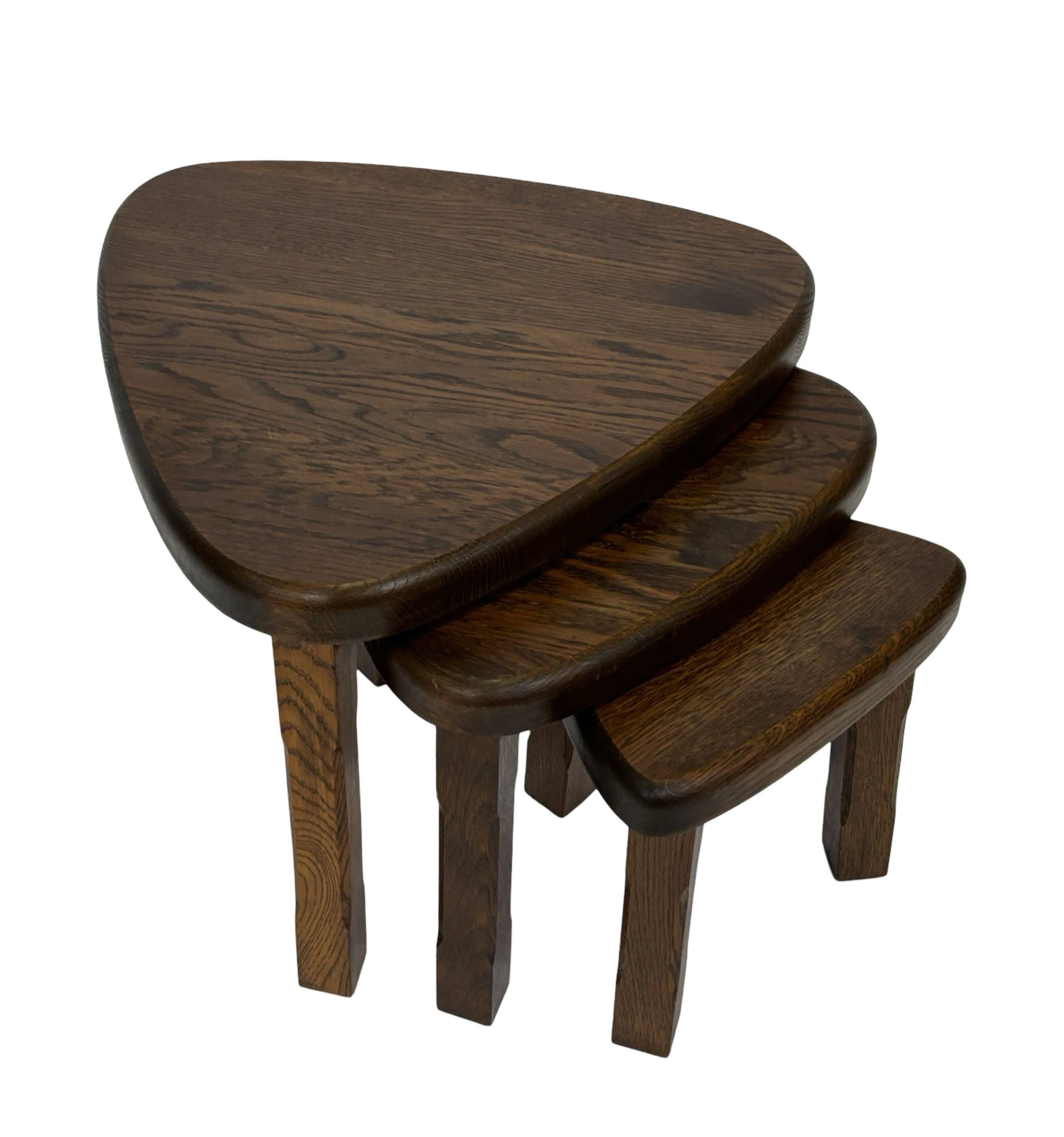 Set of 3 brutalist oak oval side or nesting tables minimalist design 1970s