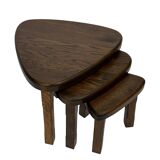 Lot de 3 tables d'appoint ou gigognes ovales brutalistes en chêne au design minimaliste des années 1970