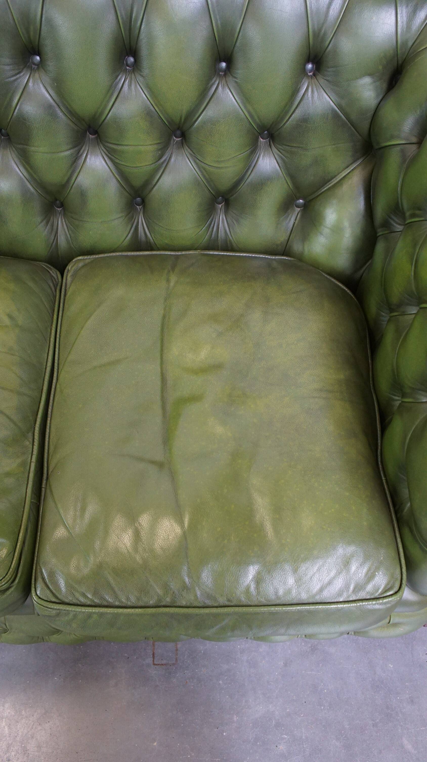 Stylish, English green cow leather spacious 2.5 seater chesterfield sofa