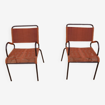 Pair of vintage scoubidou armchairs.