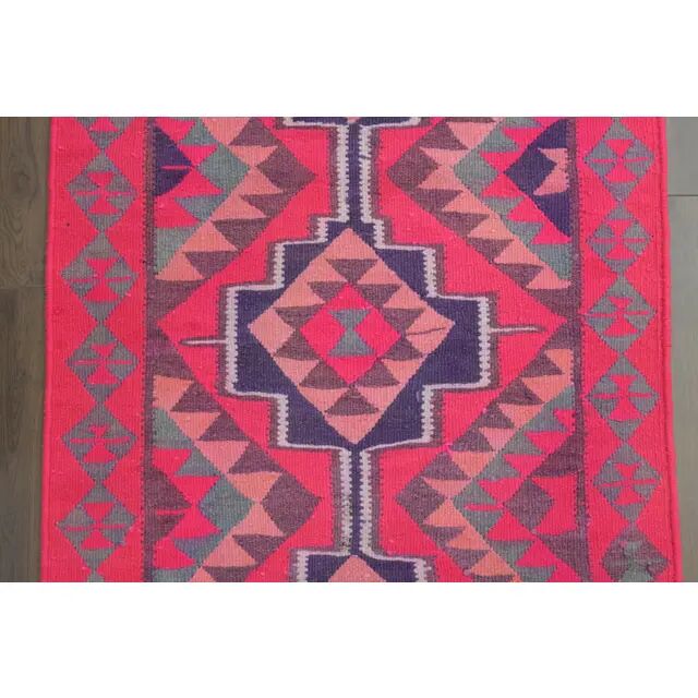 1970s Vintage Turkish Hand-Knotted Wool Cotton Pink Runner Rug 91x312
