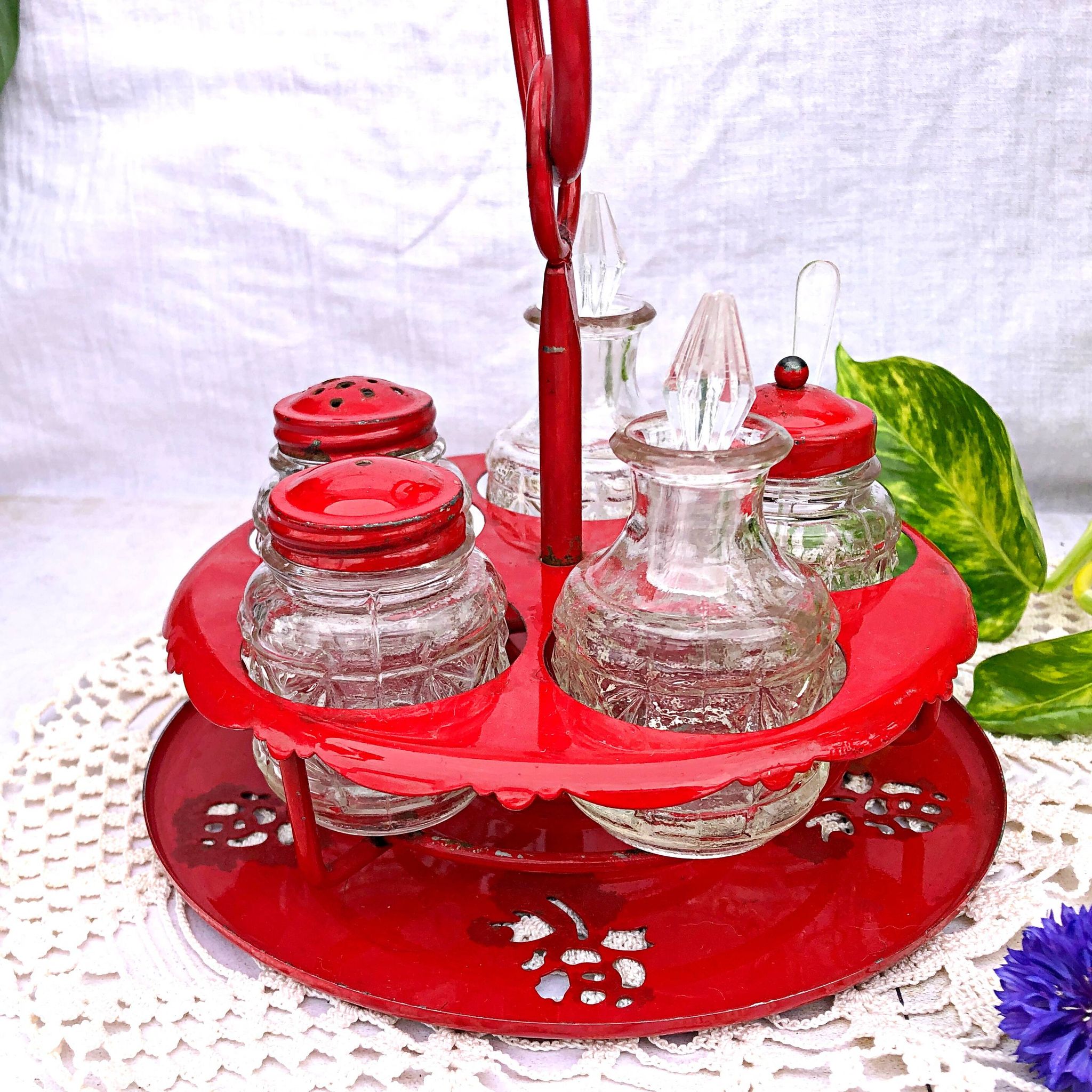 Table condiment server red metal turntable 6 vintage pieces