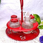 Table condiment server red metal turntable 6 vintage pieces