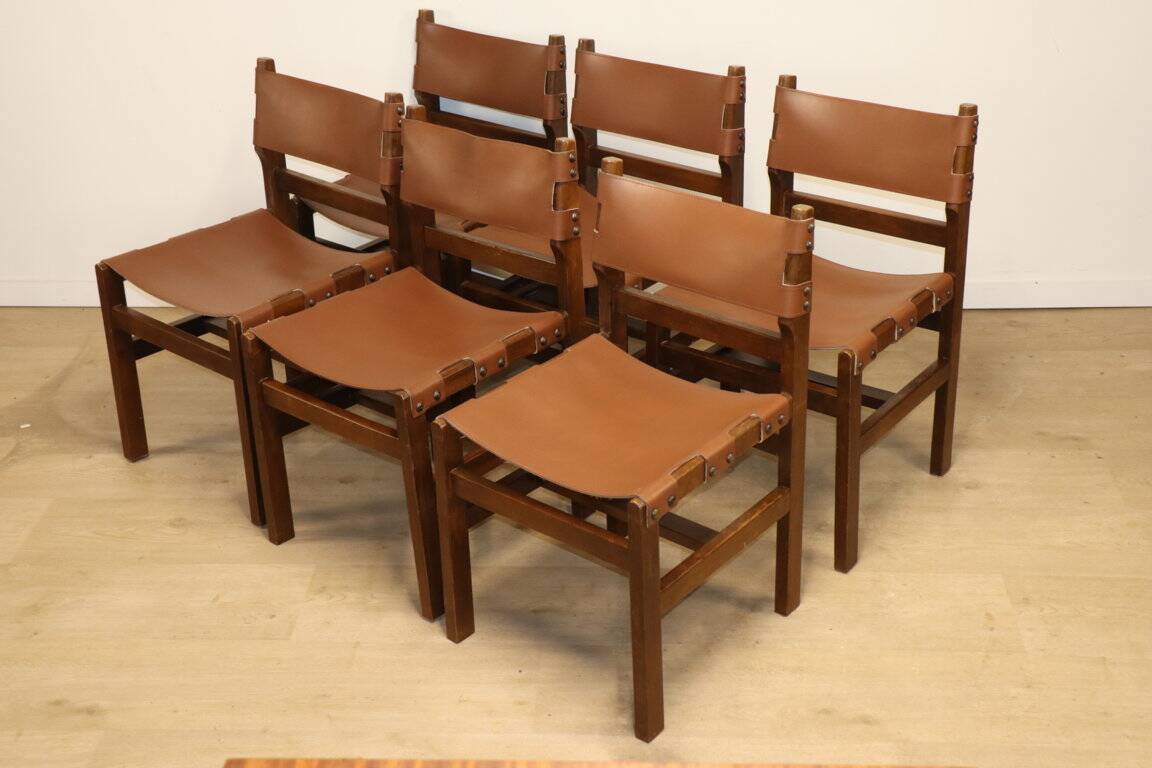 Series of 6 vintage Maison Regain chairs in leather and wood, 1960s