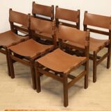 Series of 6 vintage Maison Regain chairs in leather and wood, 1960s