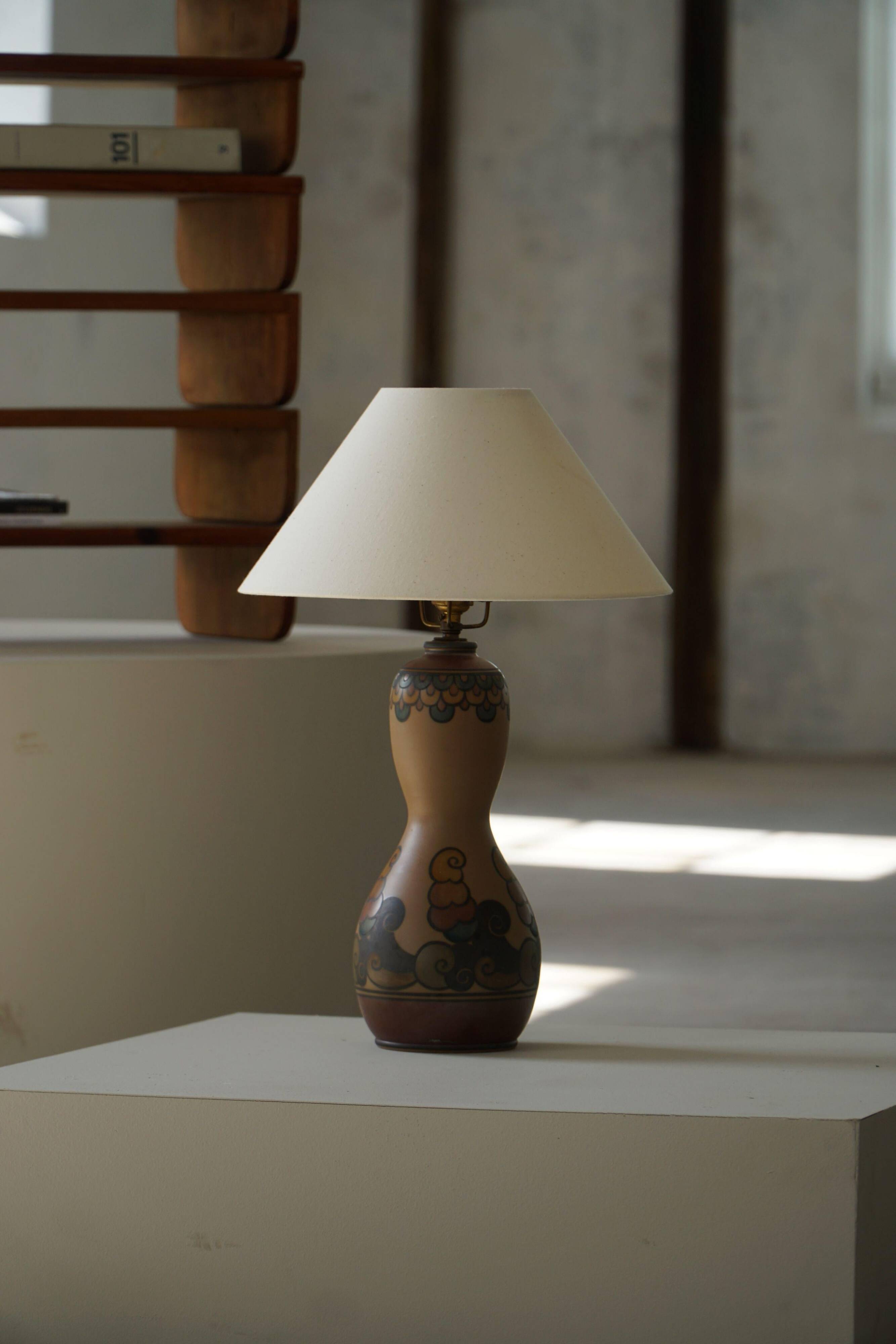 Terracotta table lamp, Art Nouveau, L. Hjorth, Bornholm, Denmark, 1930s