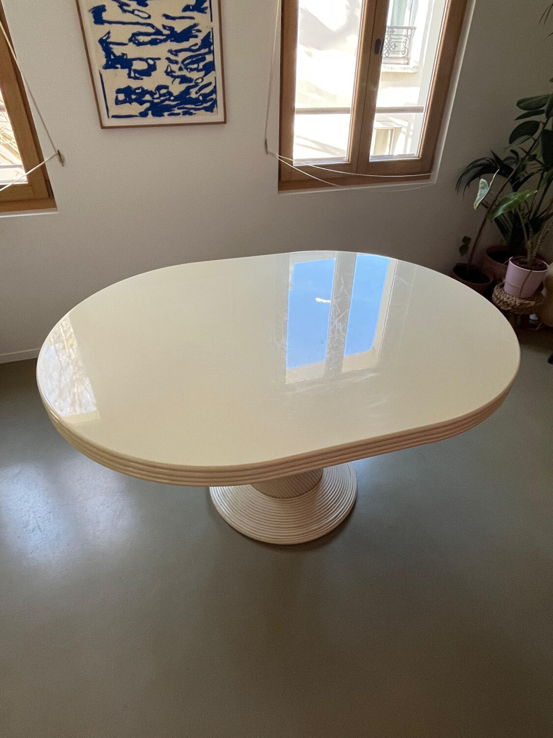 Vintage table, beige lacquered top and bamboo legs.