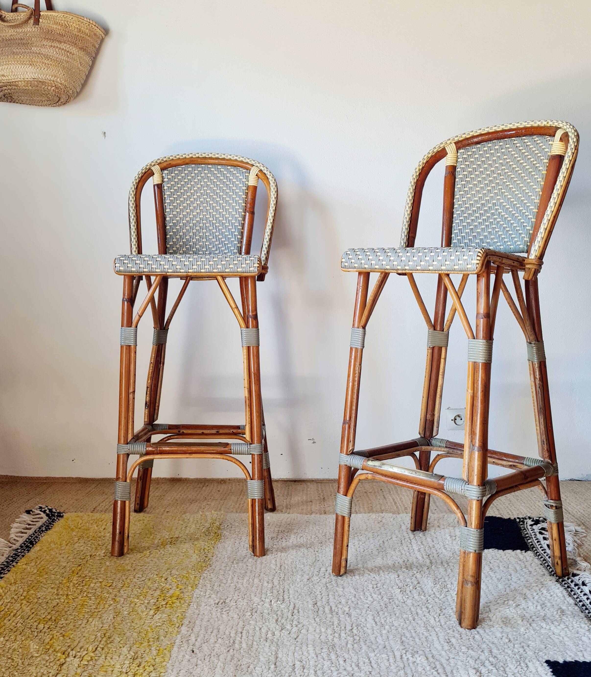 Vintage Gaty bar stools in two-tone rattan and caning.