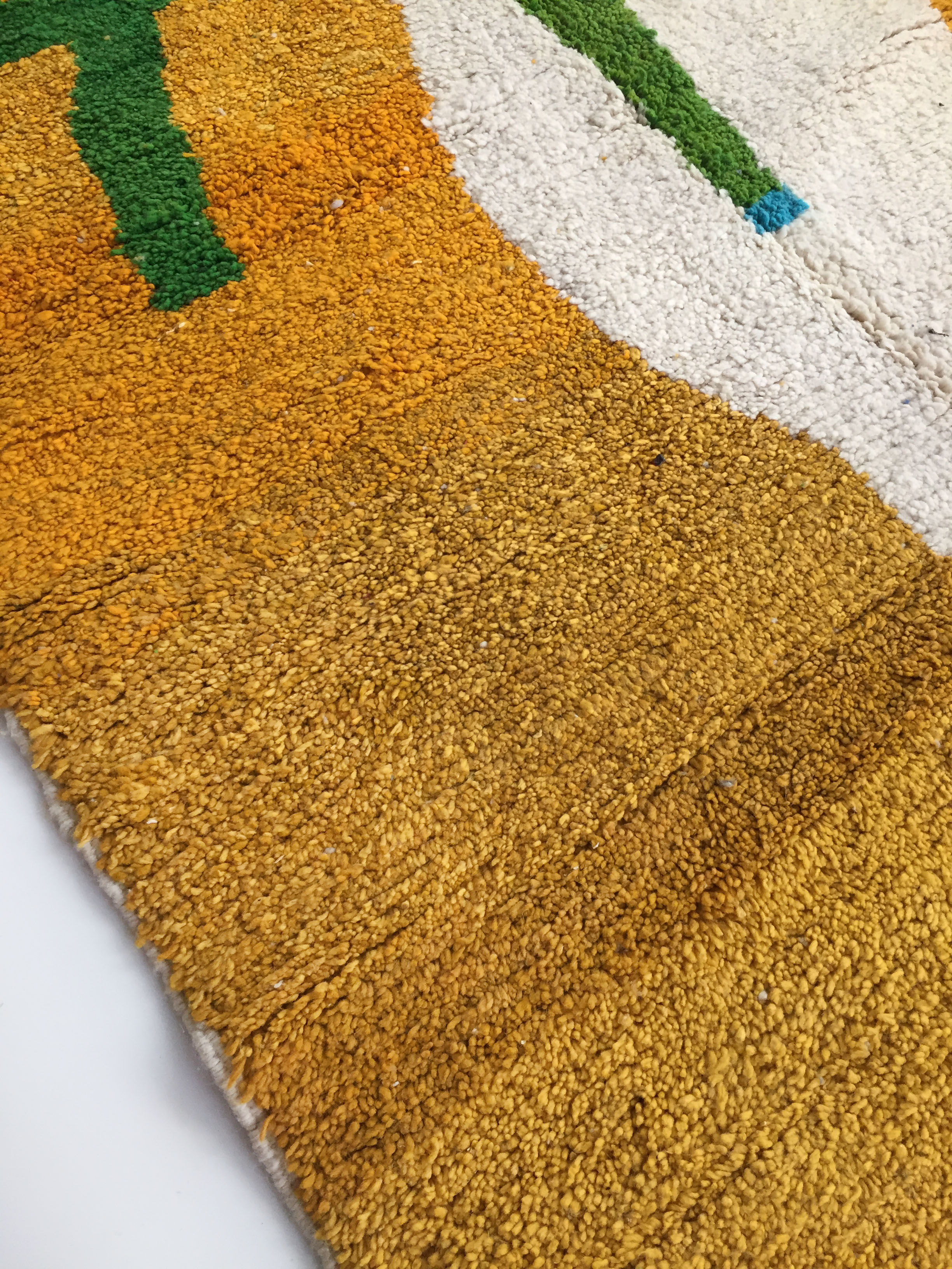 Moroccan Berber carpet Boujaad mustard with colorful patterns 275x182cm
