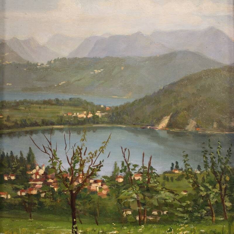 Triptyque de peintures vue du lac de Lugano, 20e siècle