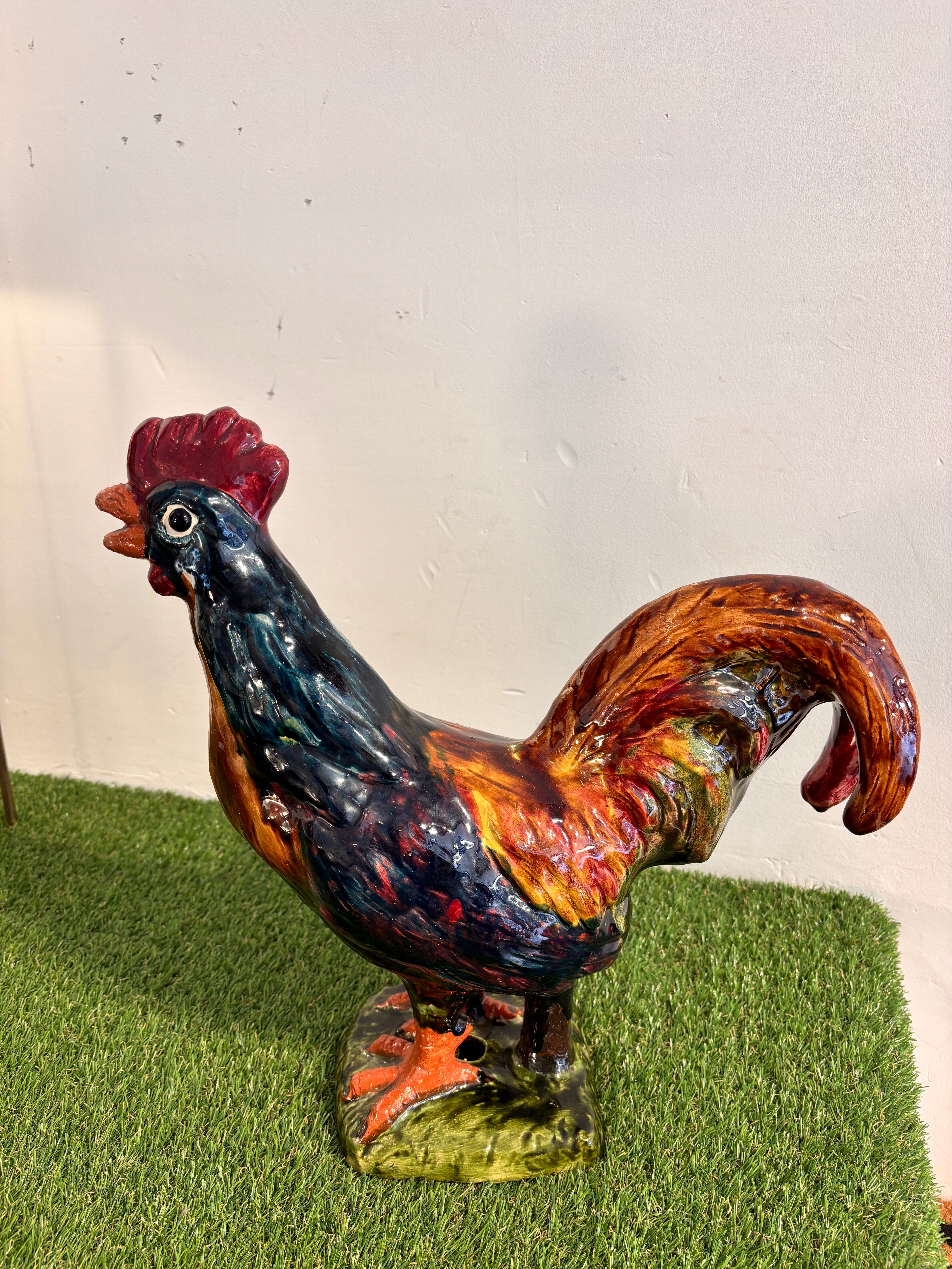 Ceramic sculpture of a rooster from Bavent, glazed terracotta, 1960.