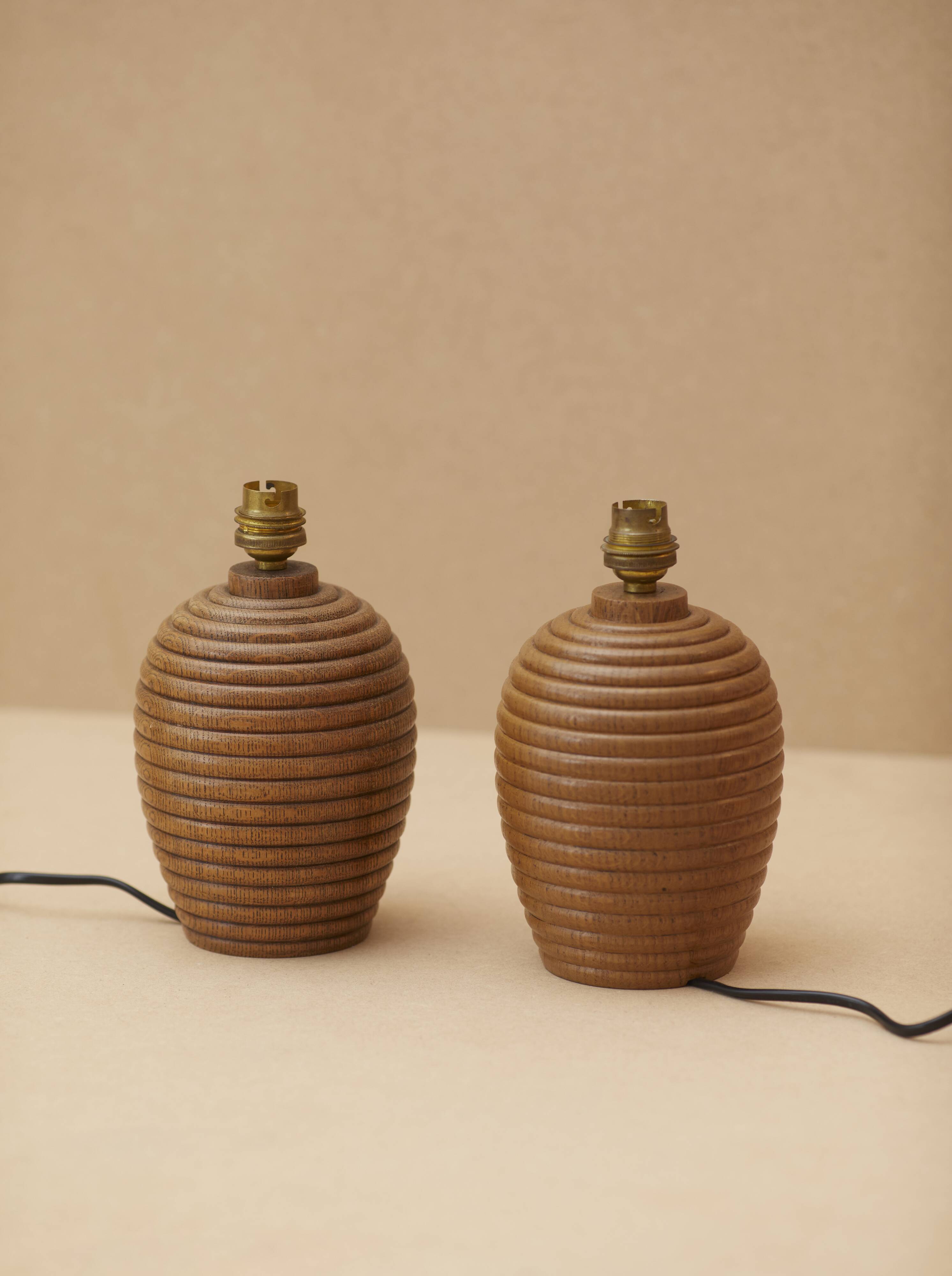 Pair of solid wood lamp bases (oak) turned vintage circa 1960