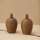 Pair of solid wood lamp bases (oak) turned vintage circa 1960