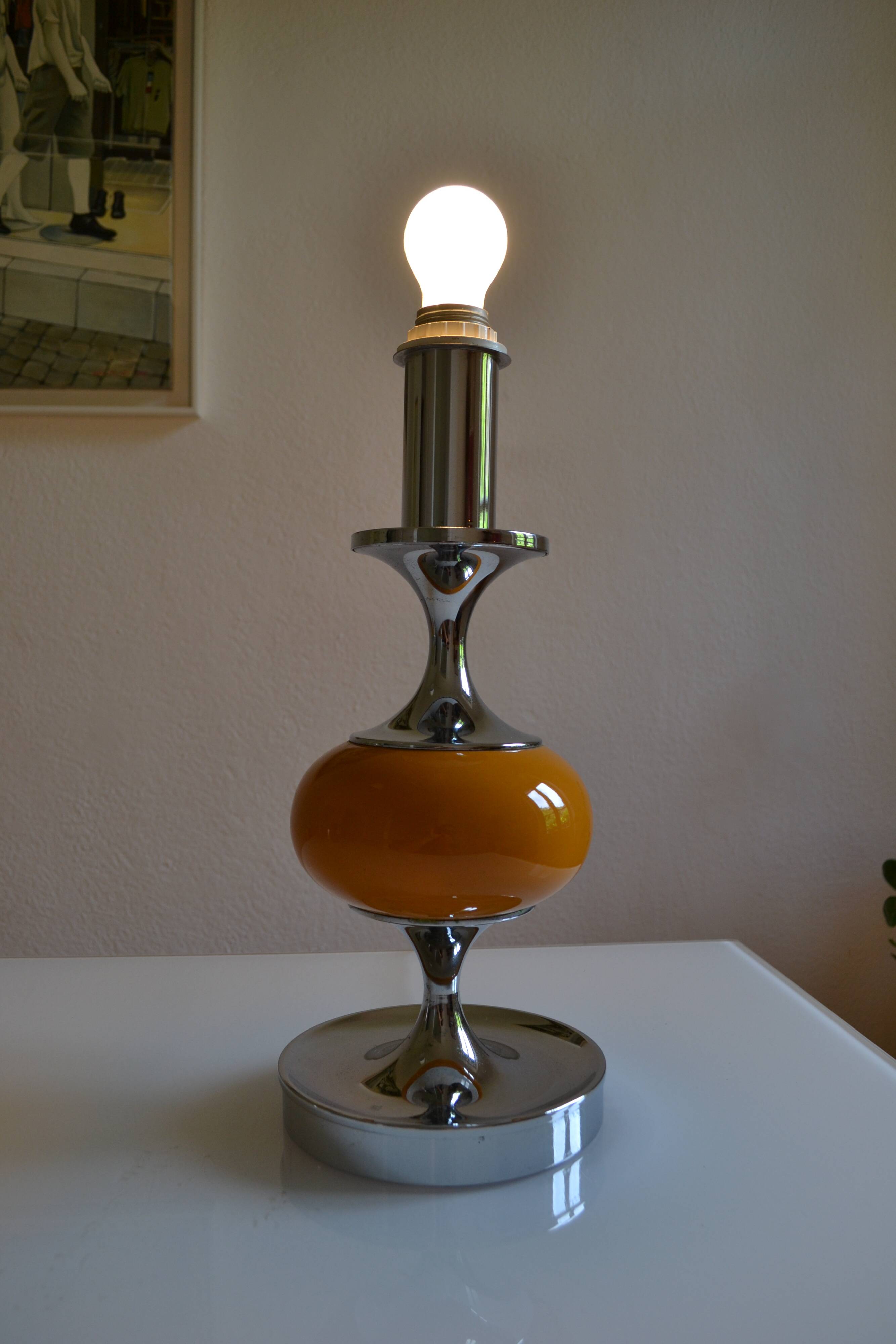 Vintage lamp base yellow and chrome metal circa 1970