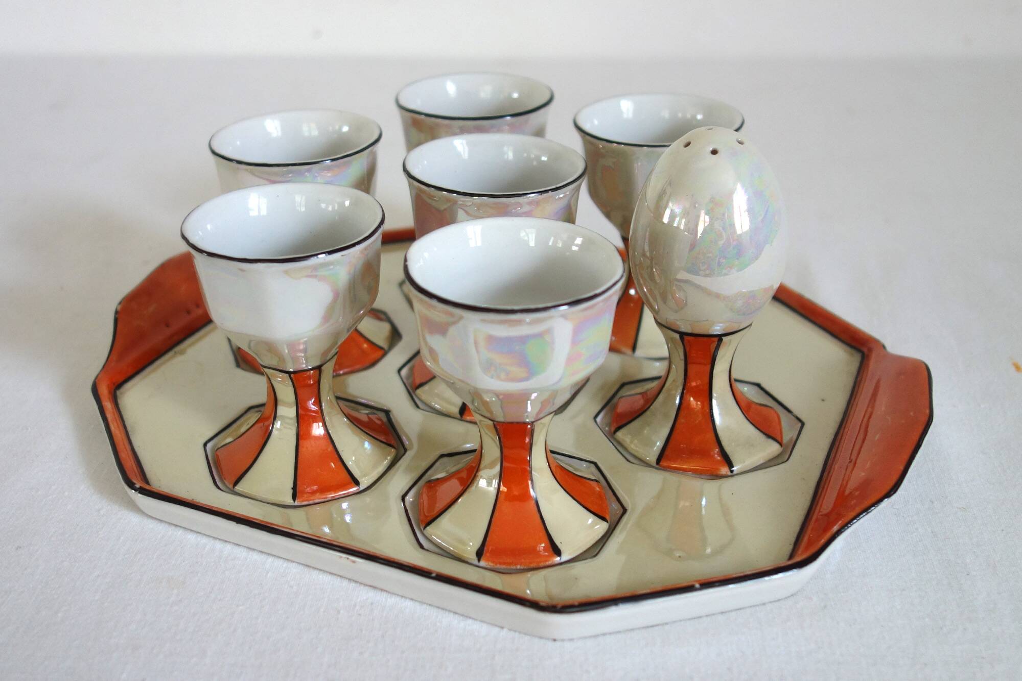 Vintage iridescent set of 6 egg cups, salt shaker, tray and pitchers