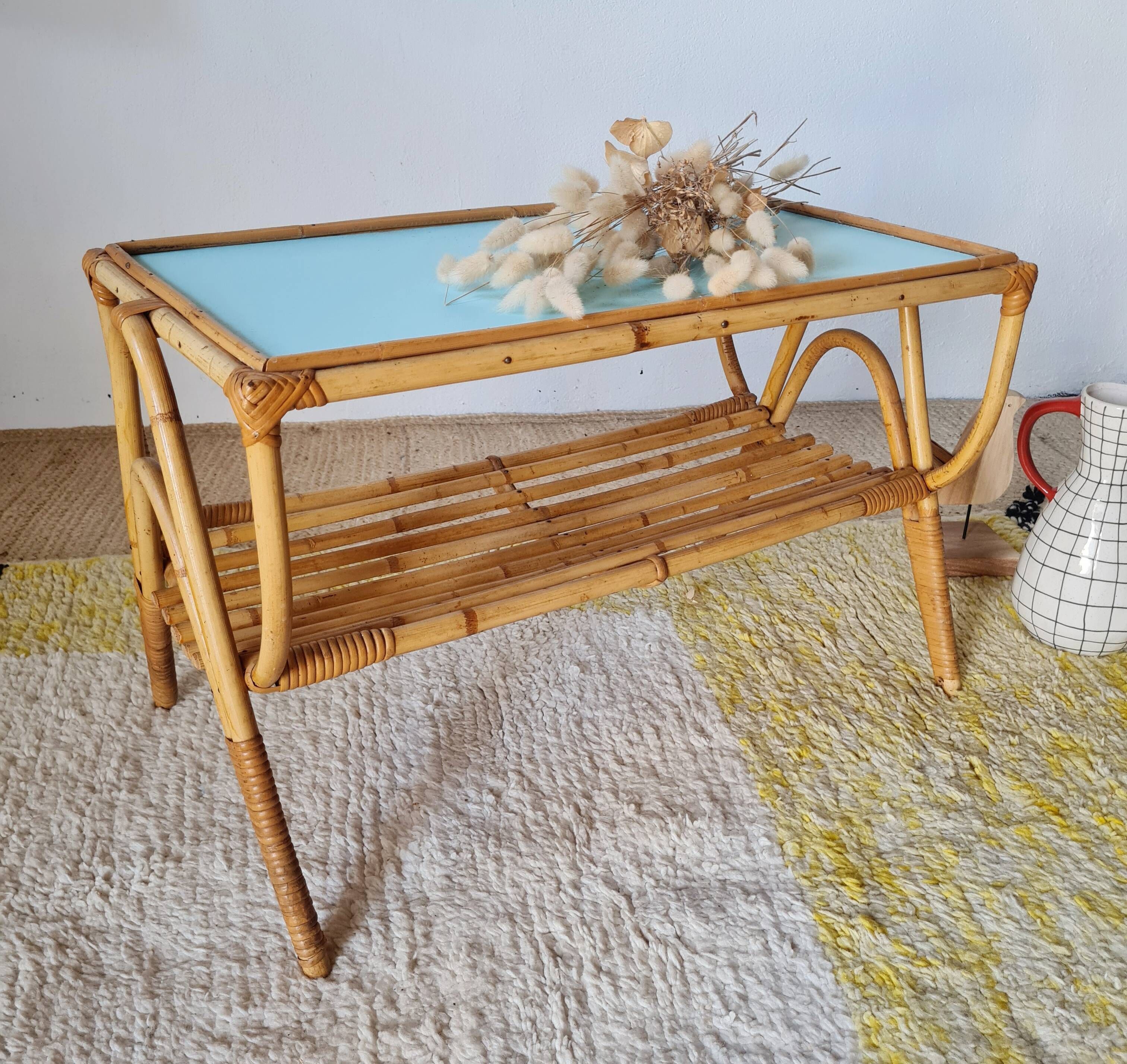 1960s rattan coffee table - blue top
