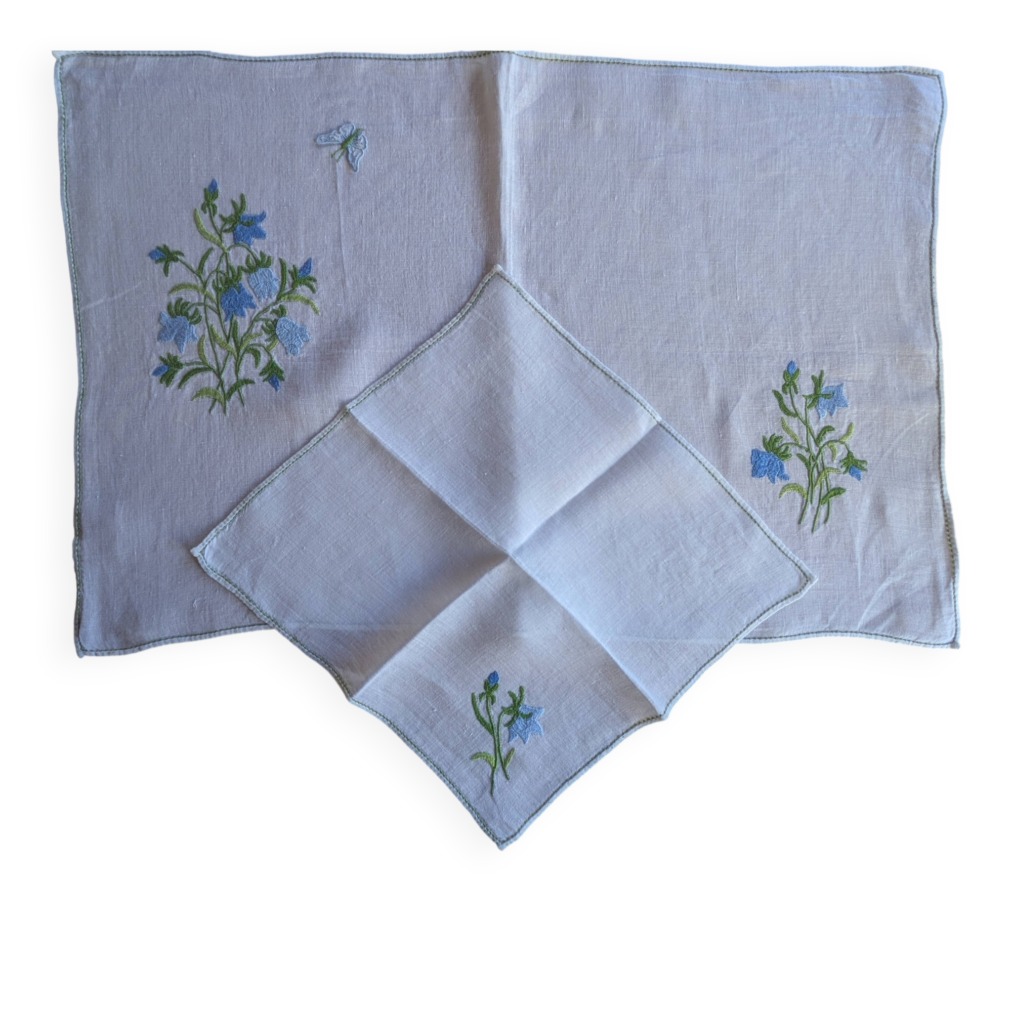 Hand-embroidered table duo in linen voile – Bluebells & Butterfly