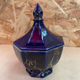 Ancienne bonbonnière boite à bijoux céramique bleu cobalt & dorée vintage