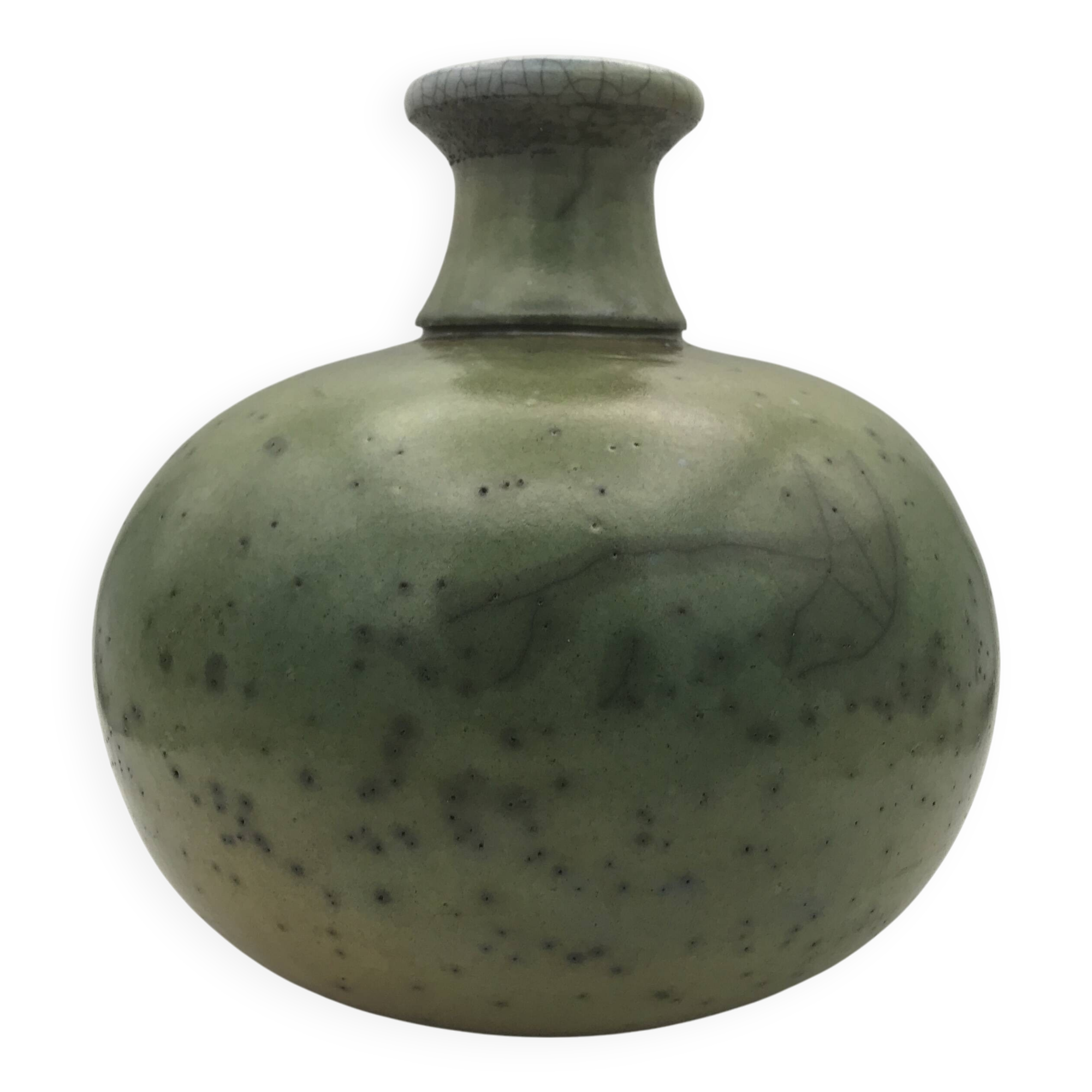 Contemporary vase ball shape raku shades of green and yellow