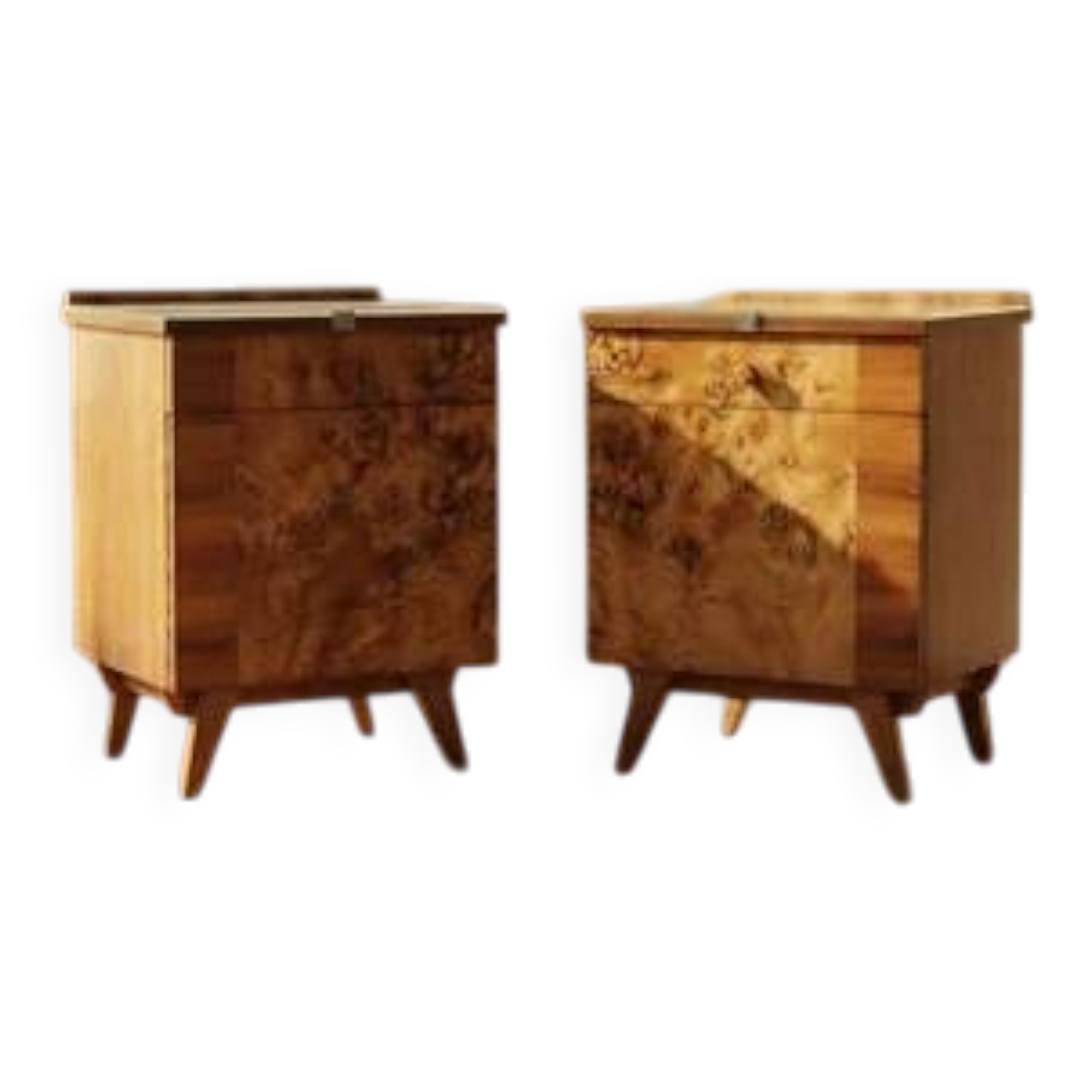 Pair of vintage Czechoslovak bedside cabinets with burl veneer, mid-century modern, 45 × 34 × 45 cm