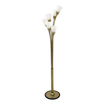 Mid-Century Modern Italian Opaline Glass and Gilt Brass Tulip Floor Lamp,60