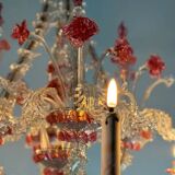 Rezzonico Venetian chandelier in colorless and red Venetian glass, circa 1920