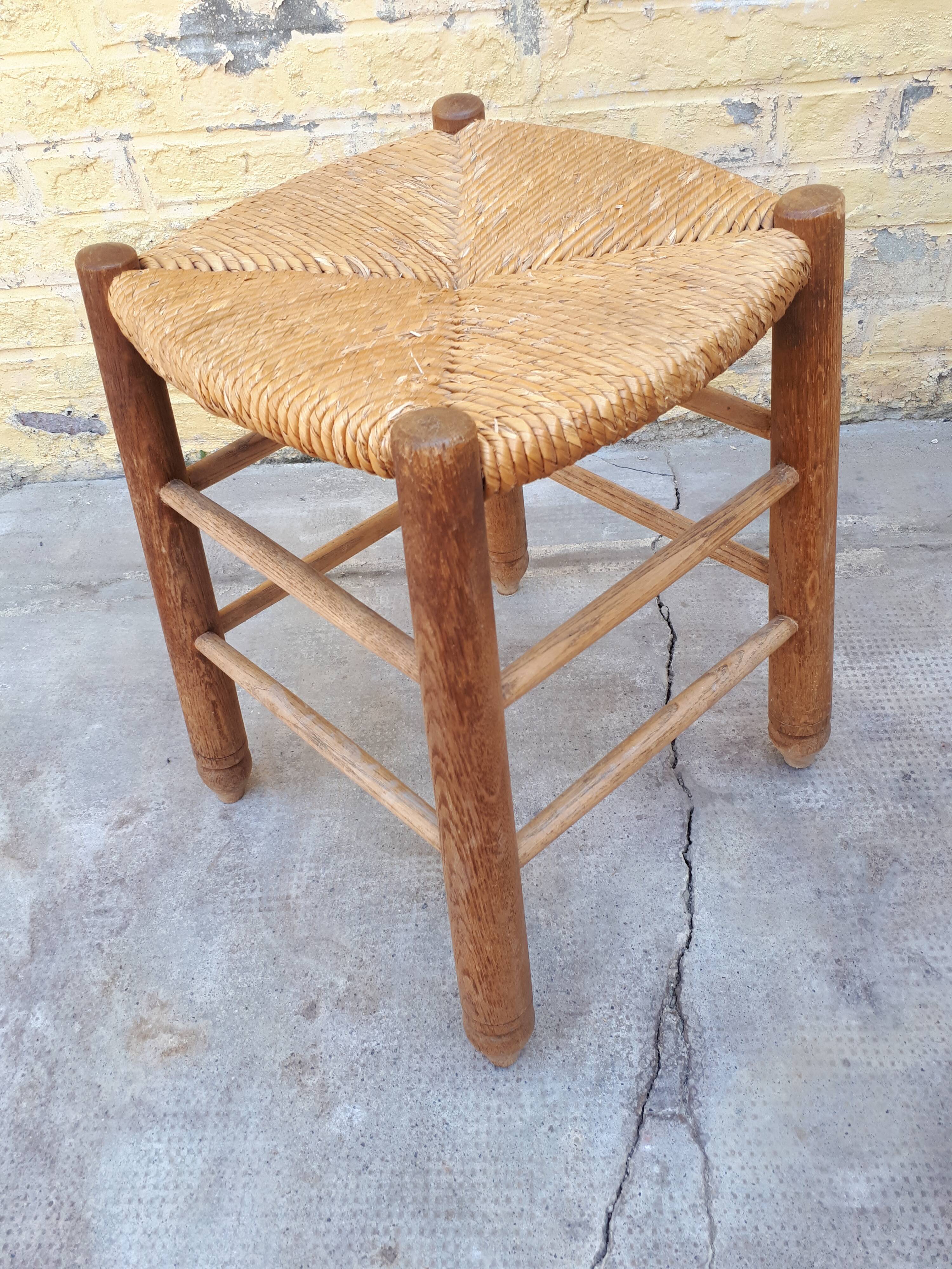 Pair of wooden and straw stools
