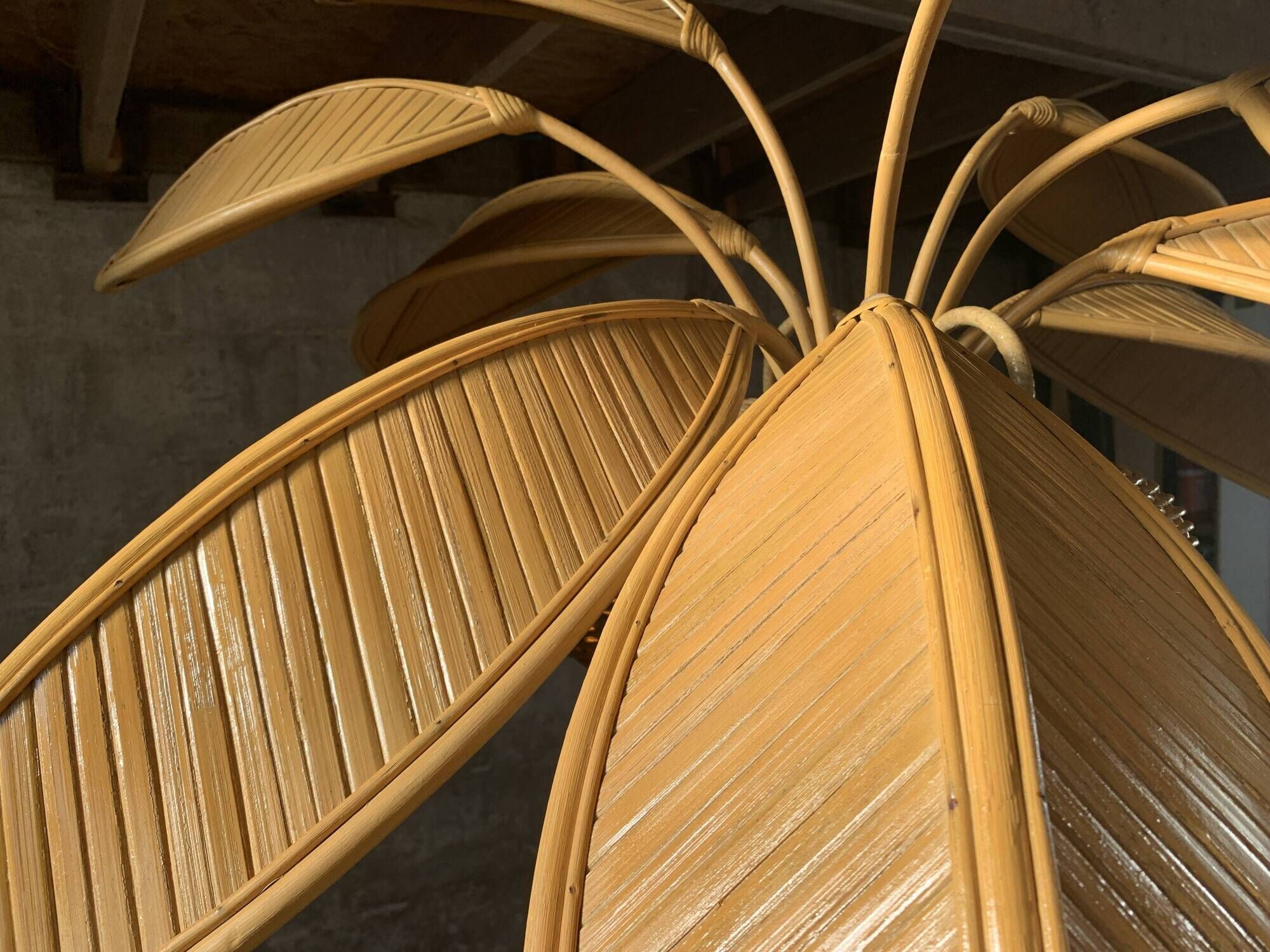 Pencil Reed rattan bamboo coconut palm tree floor lamp, Mario Lopez Torres, 1970s