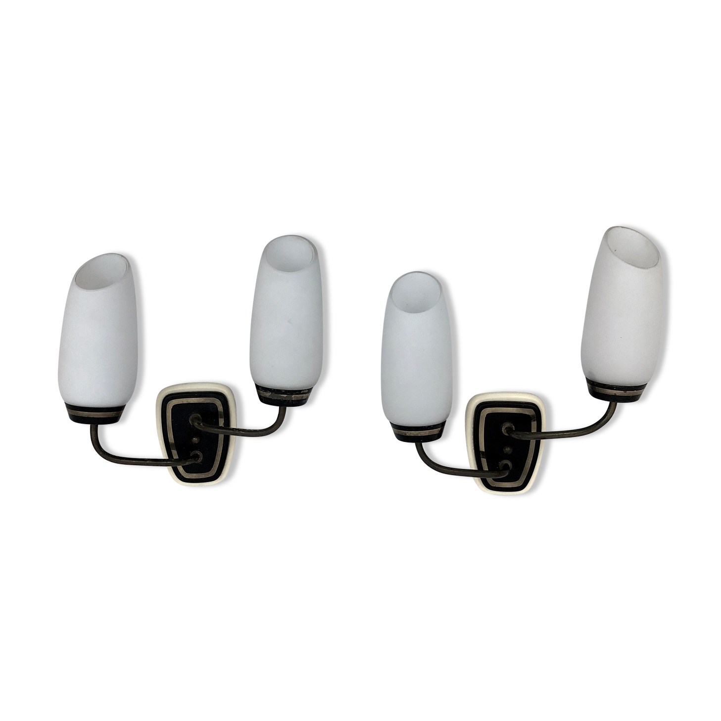 Mid-century Italian brass and opaline glass sconces. Set of two