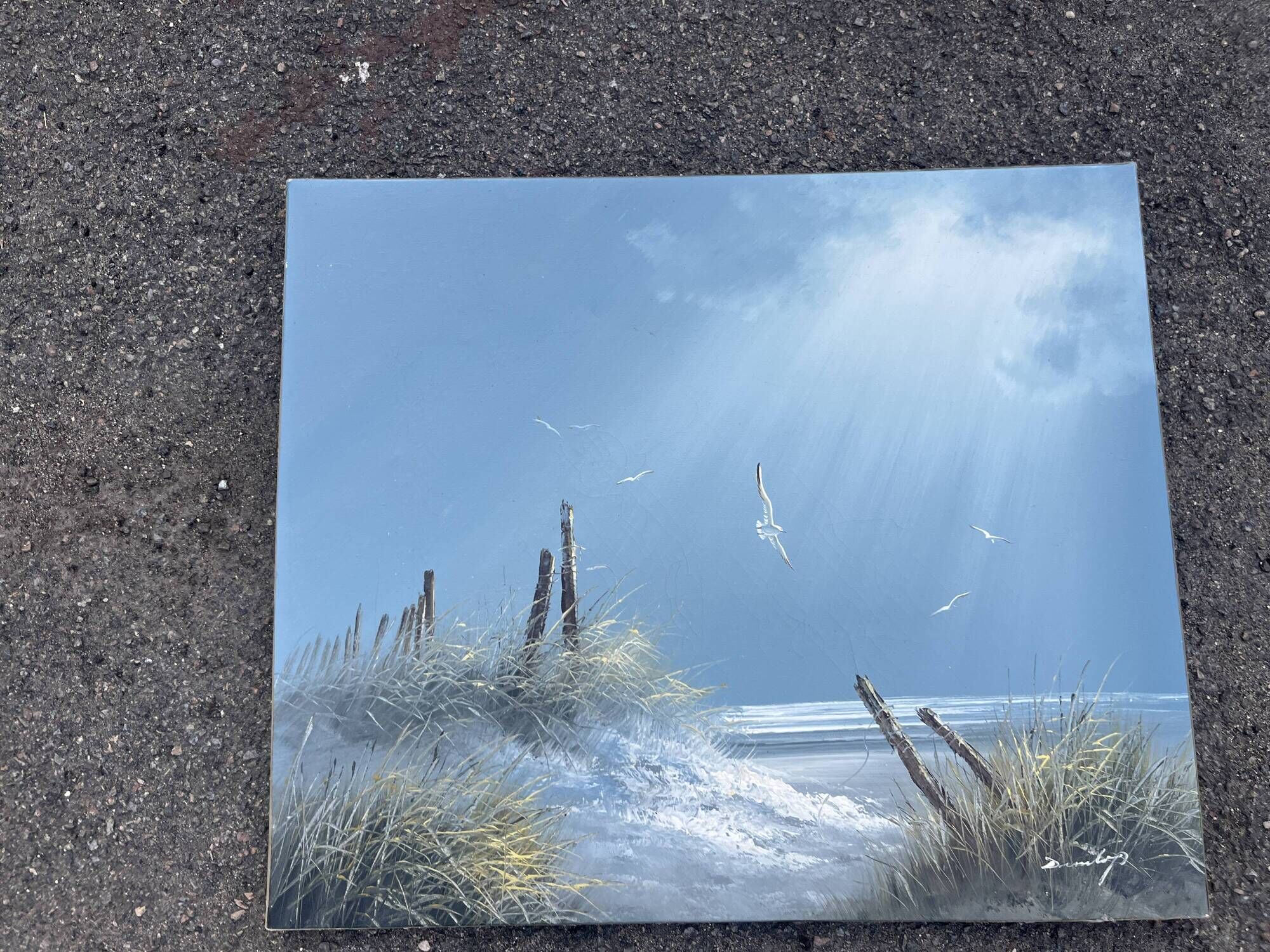 Marine landscape tableau – Dunes and seagulls by the sea – Signed painting