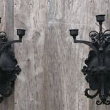 Pair of black wrought iron sconces - neo-Gothic style - from the 1950s