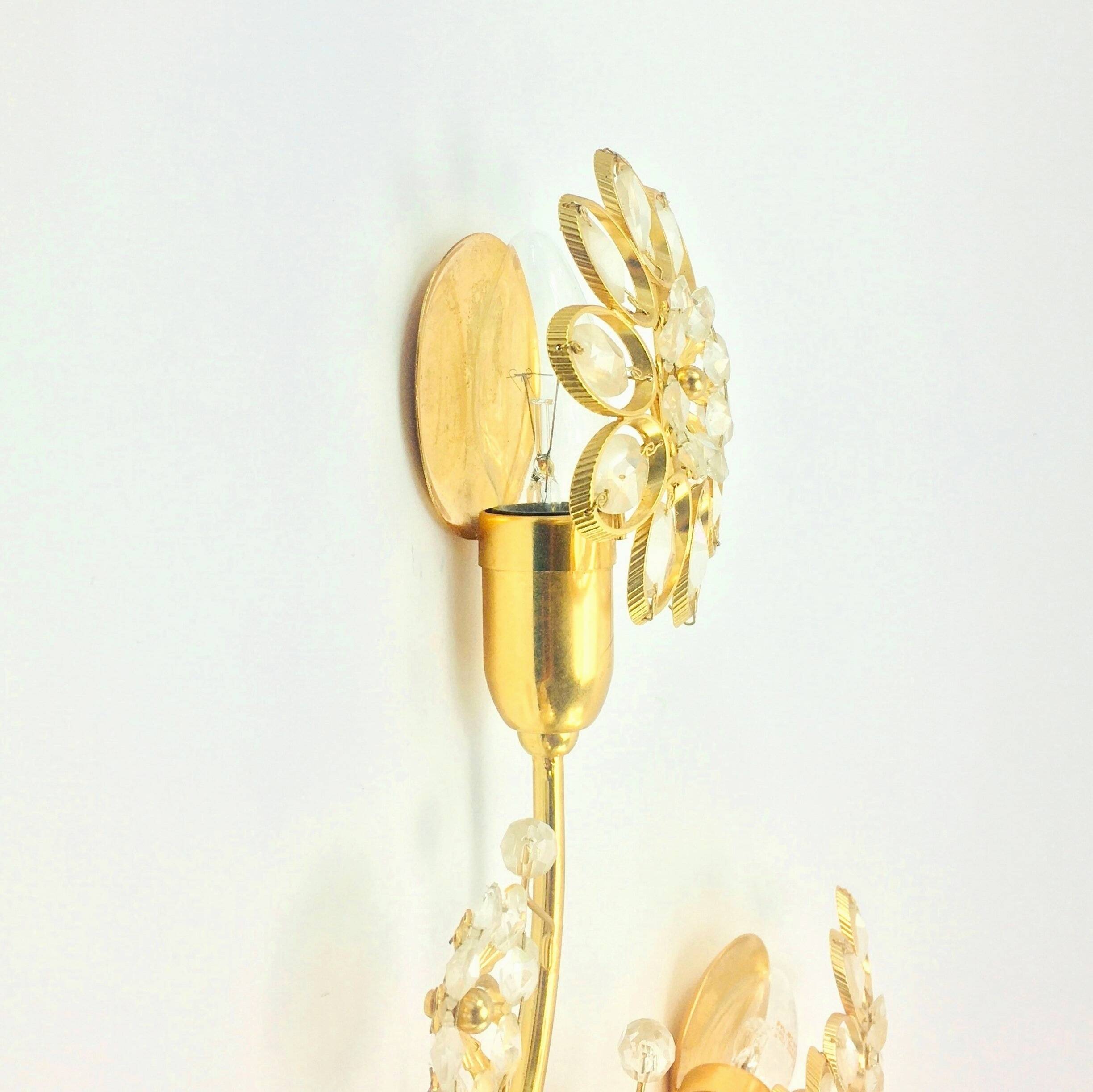 Large Gilt Brass & Crystal Flower Shape Wall Light from Palwa, 1970s