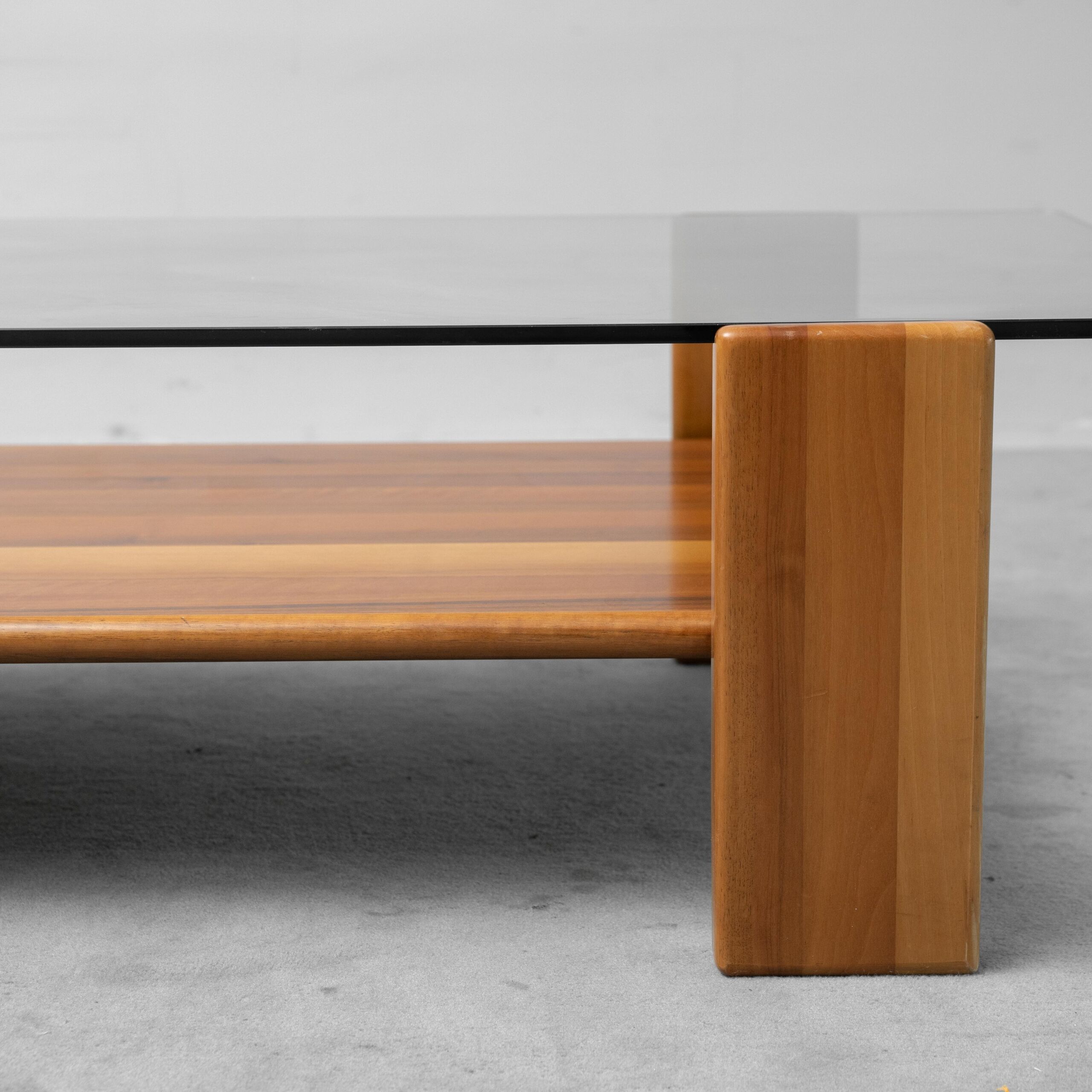 Vintage coffee table in glass and wood, modernist design, 1970s