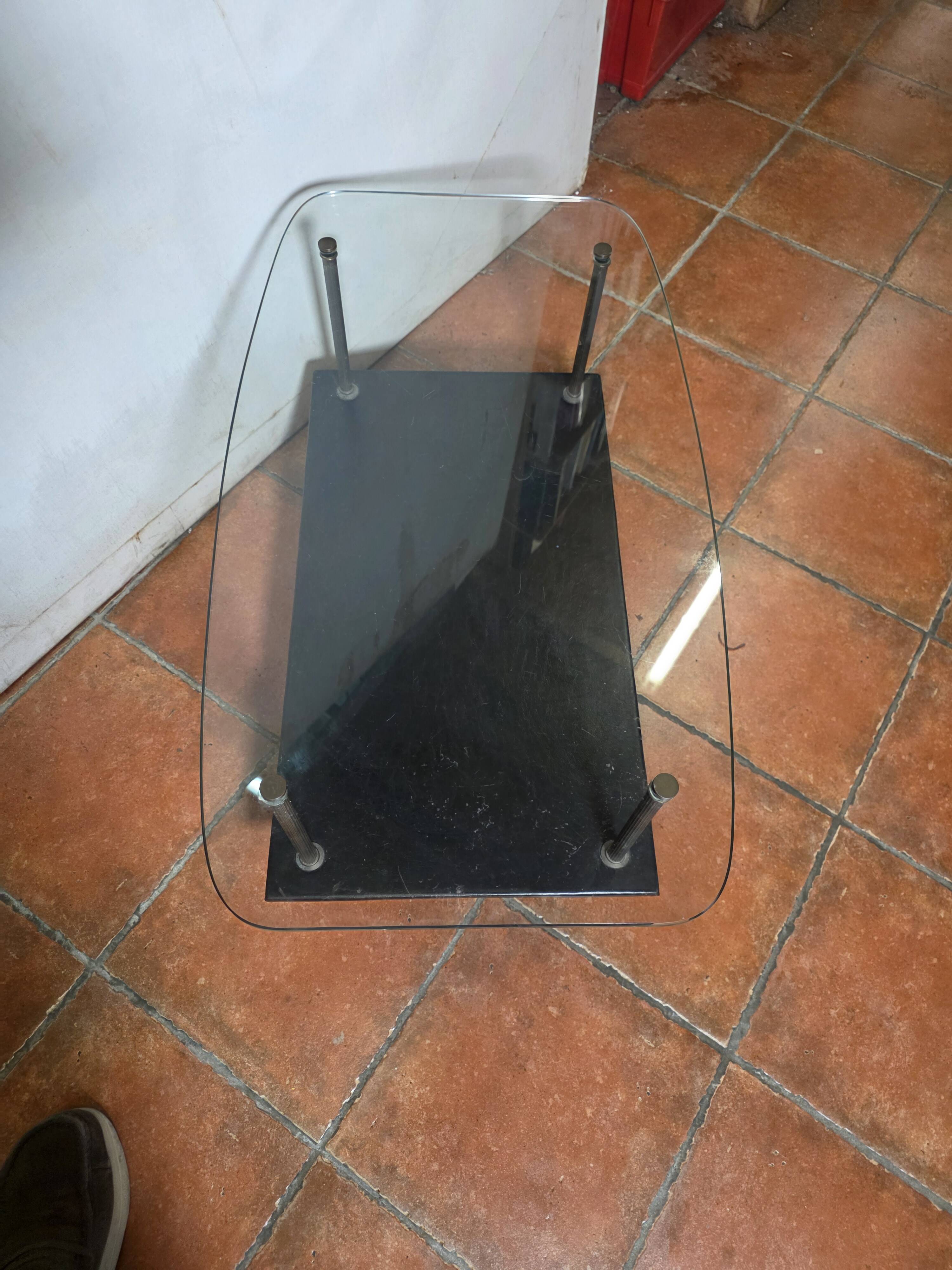 Vintage coffee table from the 1960s, glass, faux leather, brass.