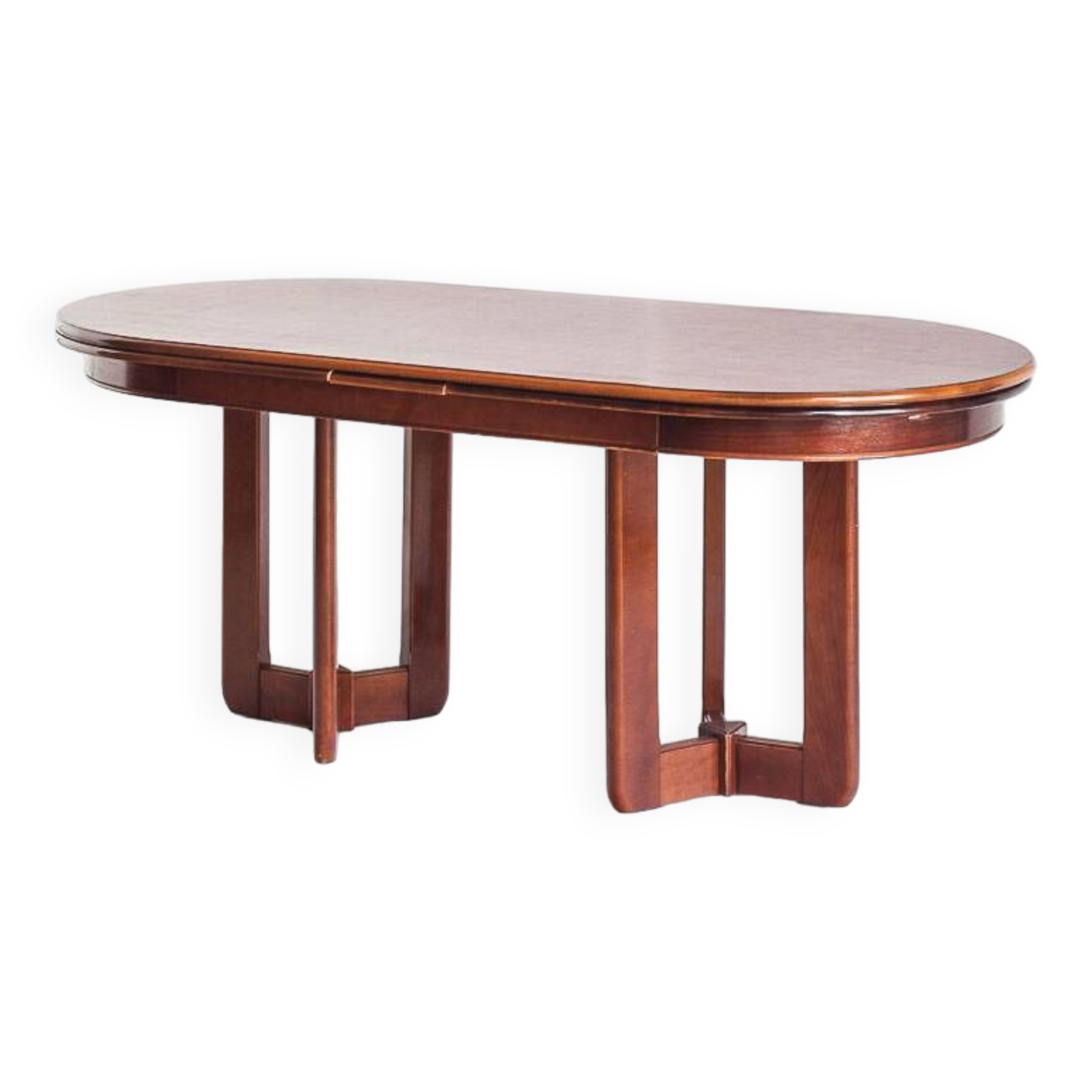 Vintage dining table with two extensions in varnished elm. Spain, 80s.