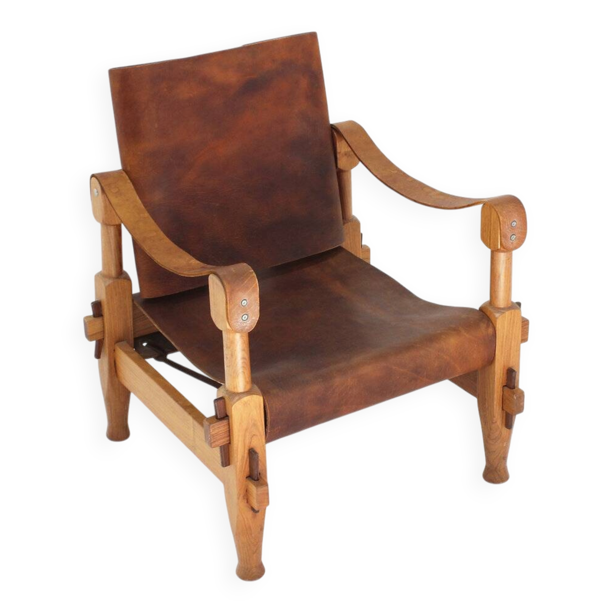Vintage brutalist wood and cognac leather safari armchair, 1960s