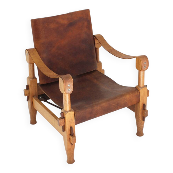 Fauteuil safari vintage en bois et cuir cognac de style brutaliste, années 1960.