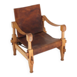Vintage brutalist wood and cognac leather safari armchair, 1960s