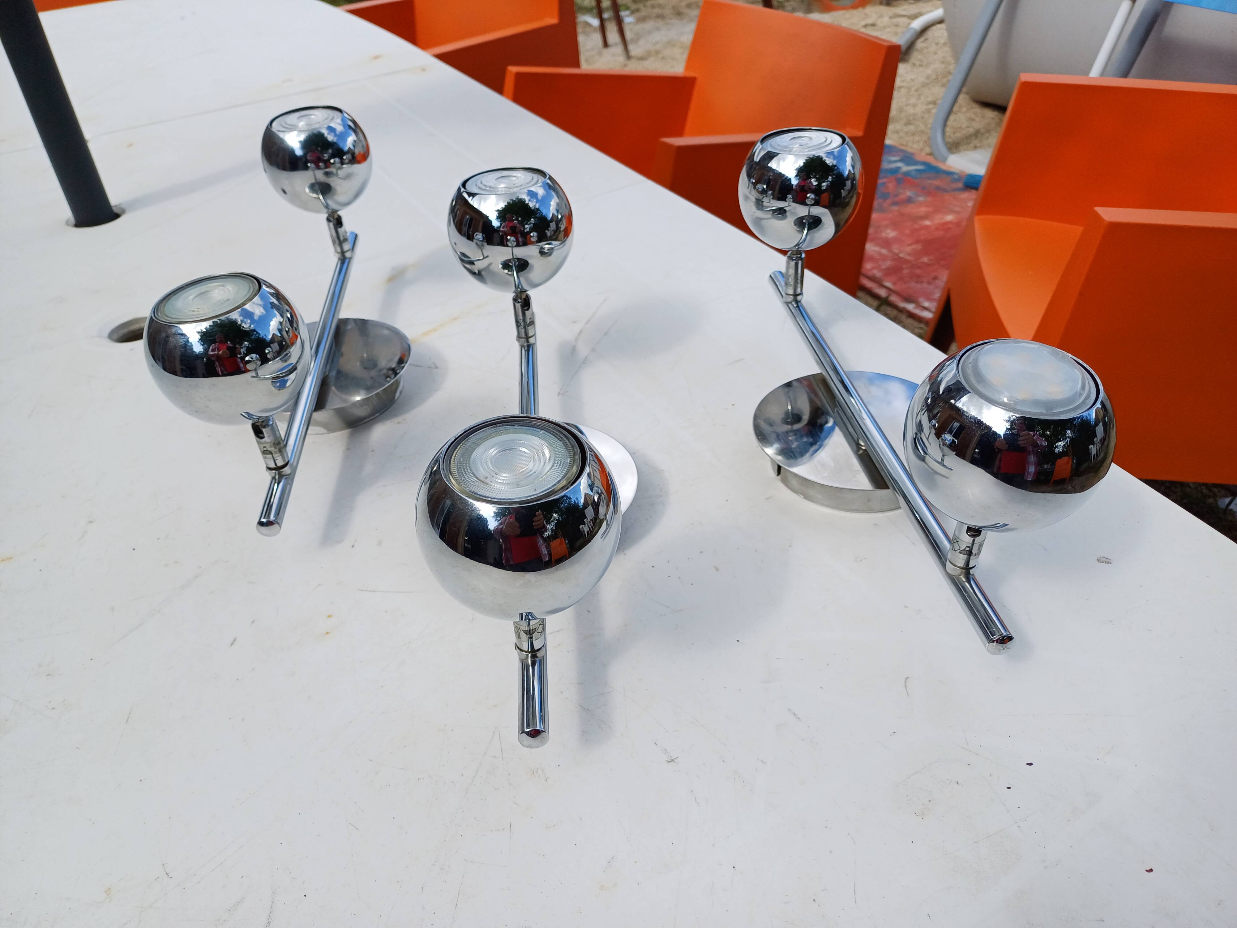 3 vintage chrome metal pendant lights