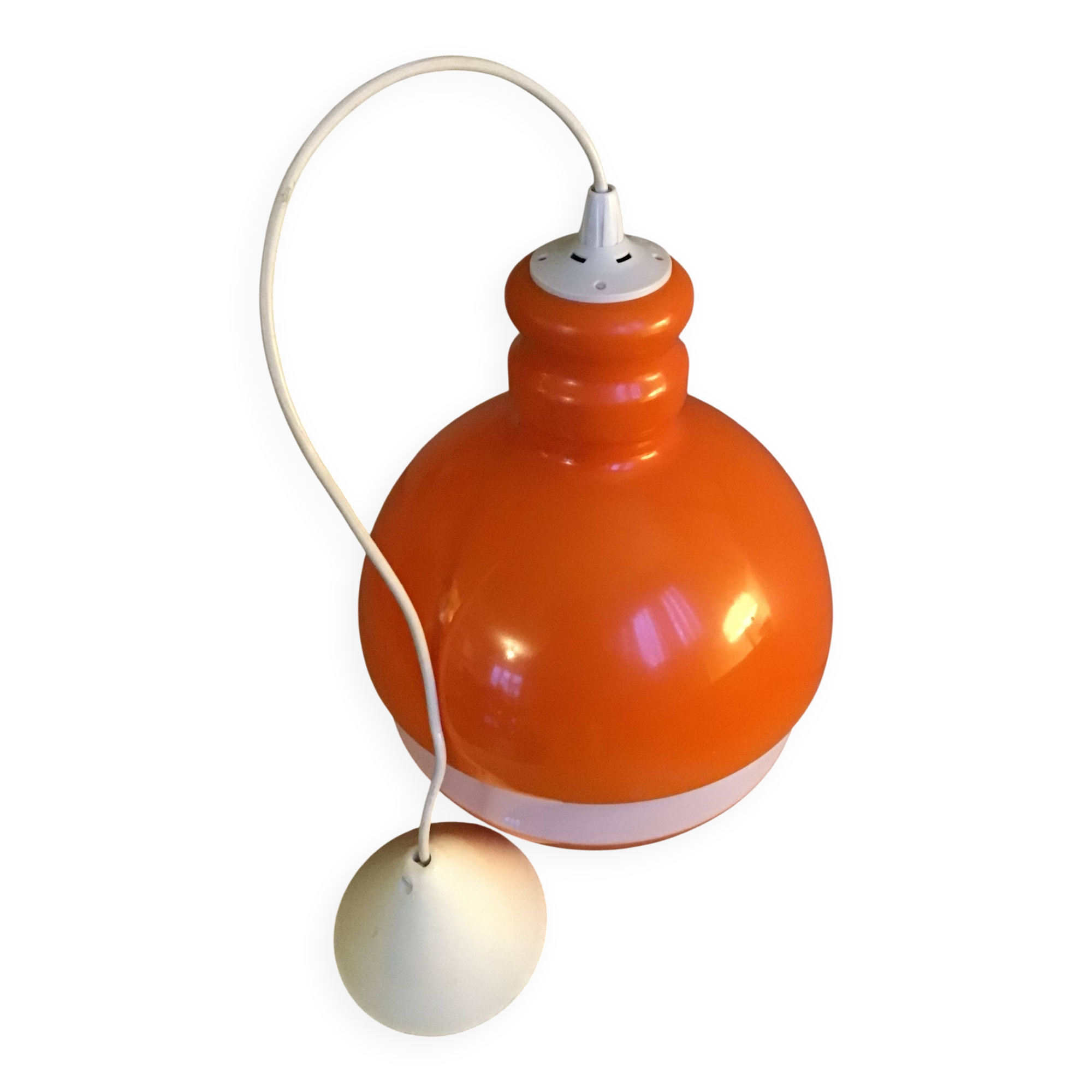 Globe pendant light in orange and white opaline glass, wiring in working order